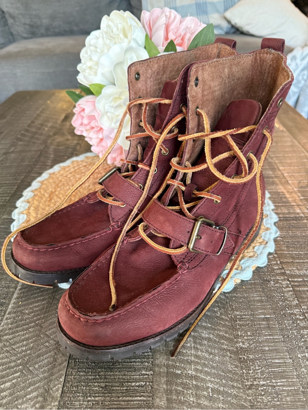 Polo by Ralph Lauren Burgundy Leather Lace-Up Buckle Boots